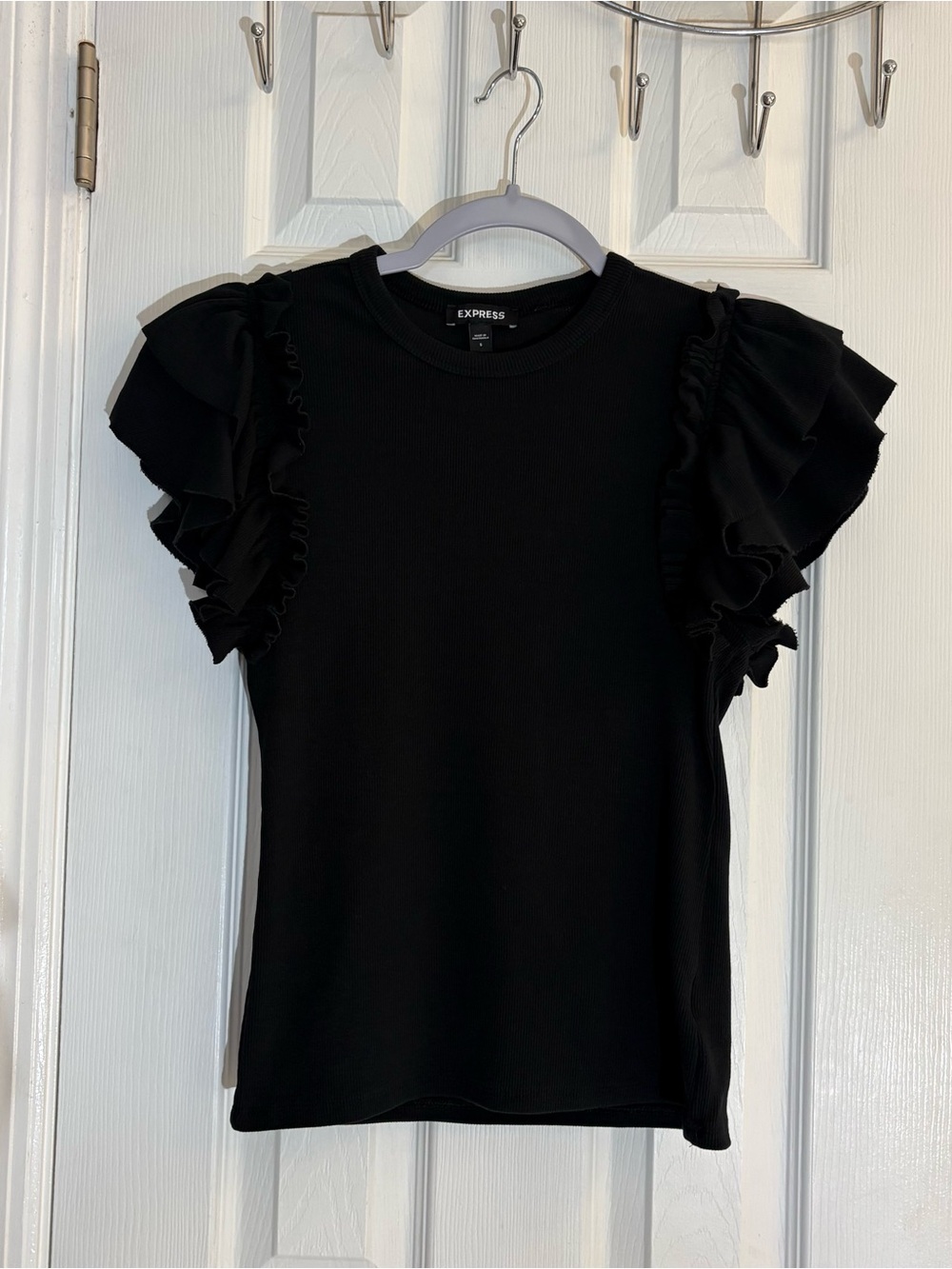 Express Women's Ribbed Short Ruffle Sleeve Crew Neck Top Black Size Small Casual